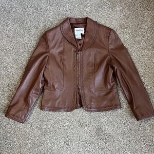 Pamela McCoy Vintage Brown Leather Jacket with Weaving and Fringe Detail, Size M